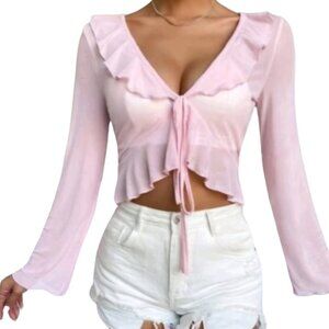 SHEIN Privé Ruffle And Knot Detail Flounce Sleeve Crop Top